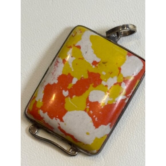 Vintage Rectangular Abstract Enamel Pendant With Silver-Tone Frame - Picture 3 of 6